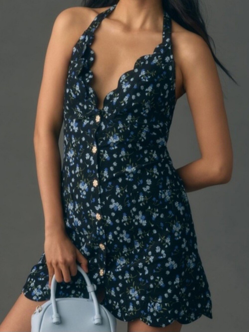 MAEVE HALTER V NECK SCALLOPED MINI DRESS SIZE 8